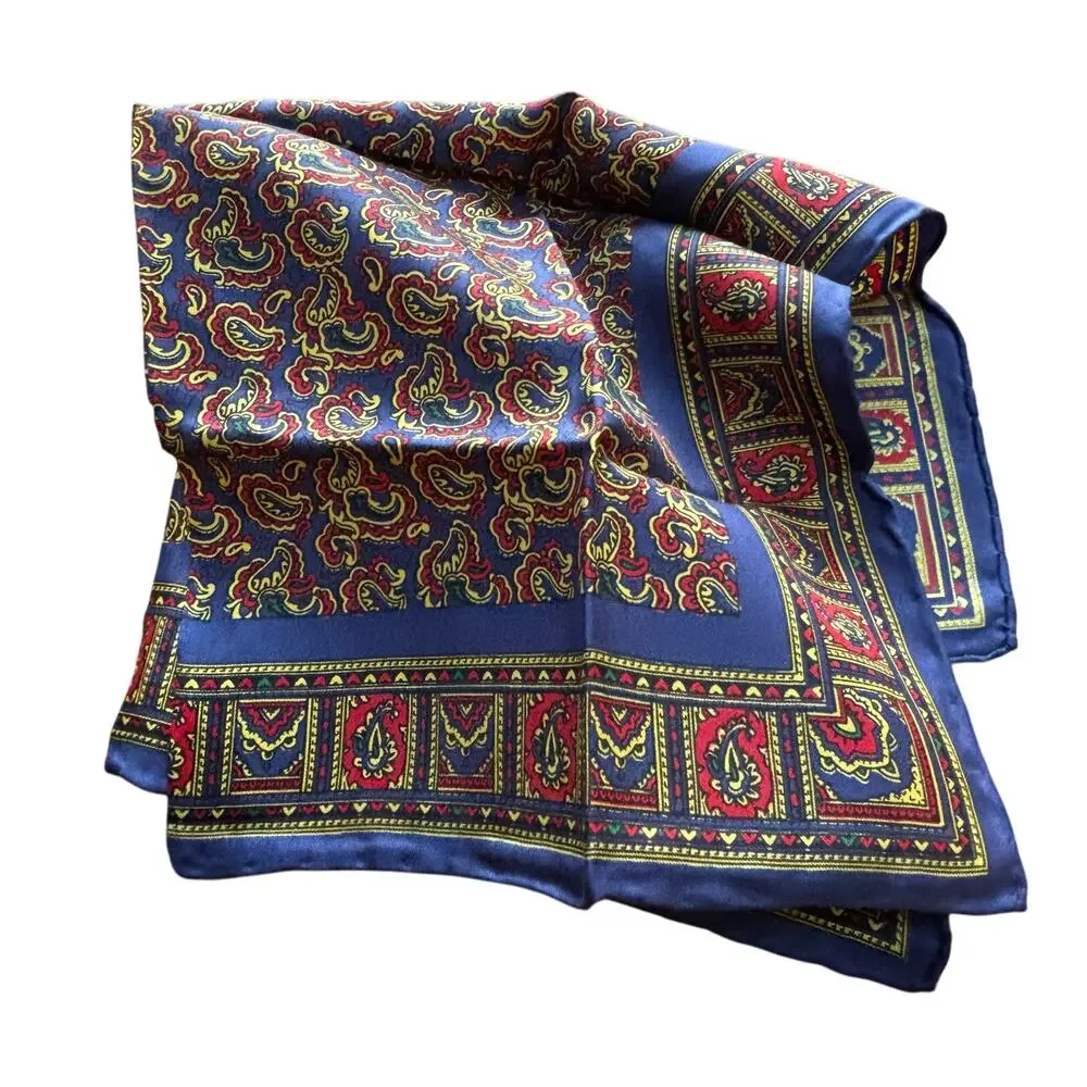 Vintage Italian silk scarf neckerchief style square blue red gold paisley print